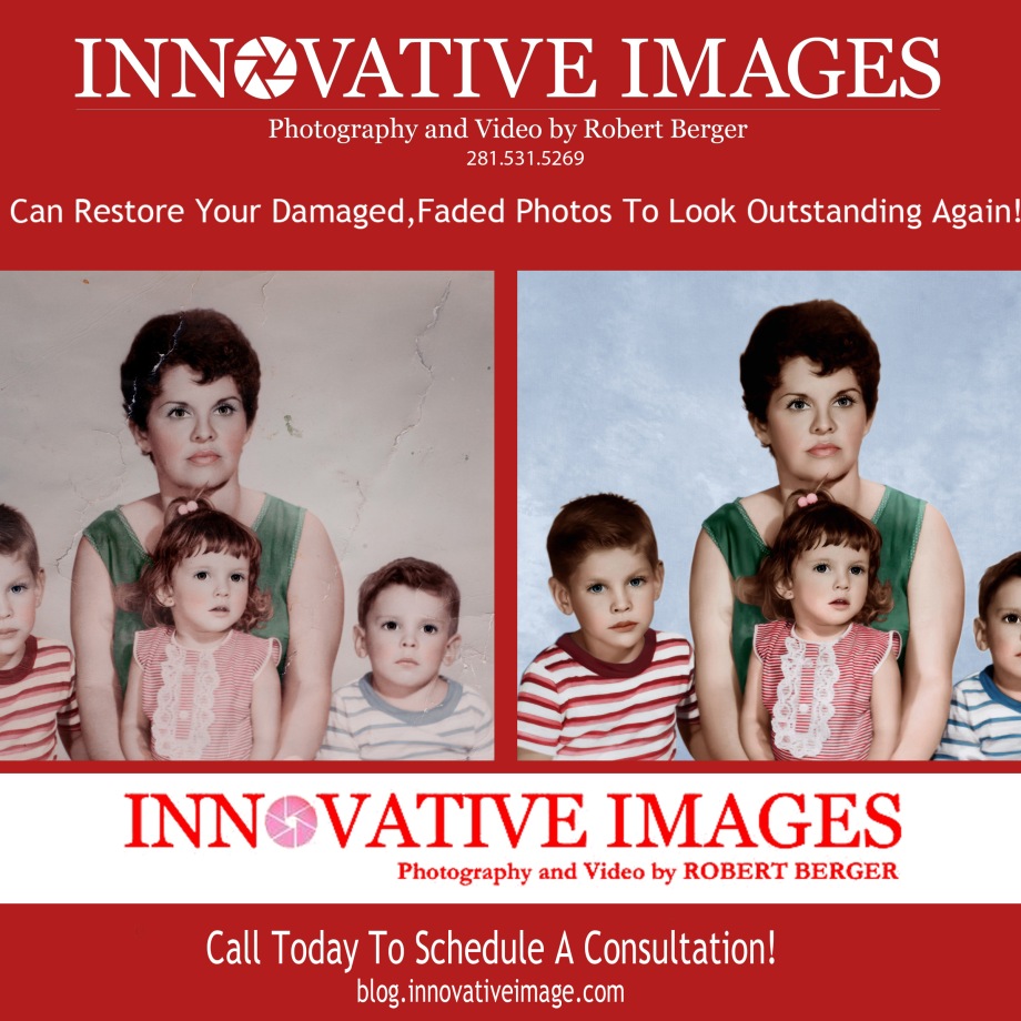 Photo Photograph Picture Restoration , we fix old faded damaged photos in color or black and white to look outstanding again! Innovative Images Photography by Robert Berger, Houston Texas